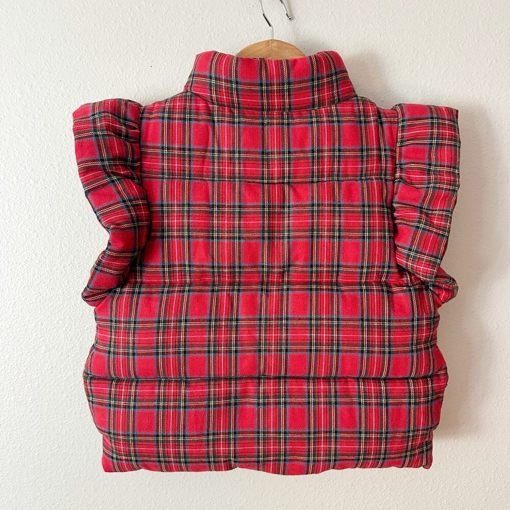 Plaid Red Puffer Vest with Ruffle Shoulders - Picture 7 of 9
